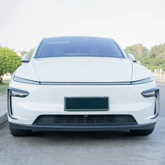 Front view of Model Y with the wind deflector headlight trim installed