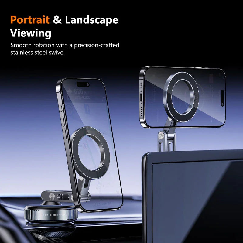Magnetic dash phone holder supporting portrait and landscape viewing