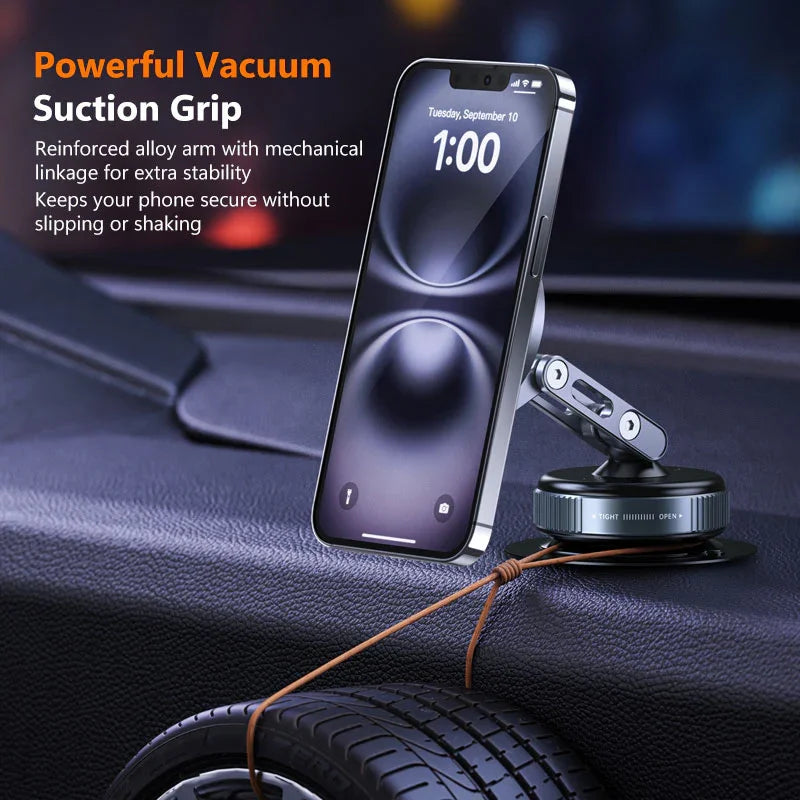 Vacuum suction magnetic phone holder with a reinforced alloy arm