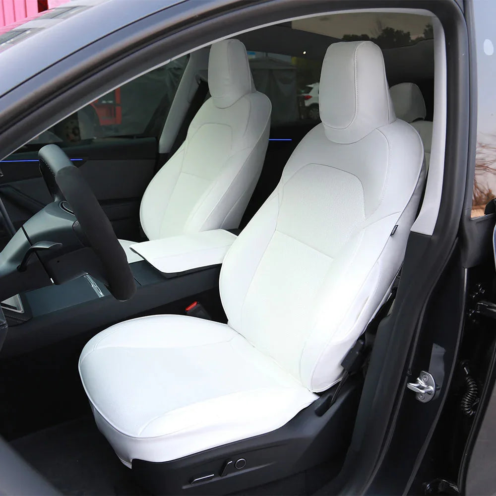White microfibre leather front seat cover installed on Model Y (2025–2026)