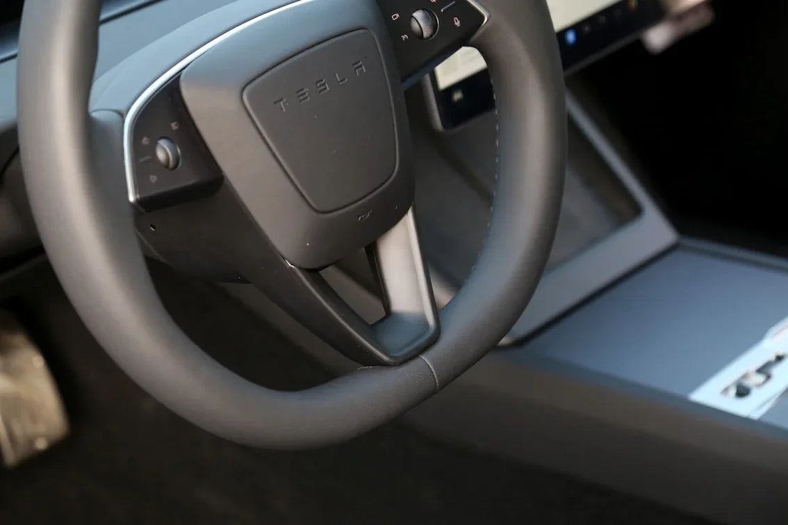 Close-up of the steering wheel decorative overlay installed on the steering wheel