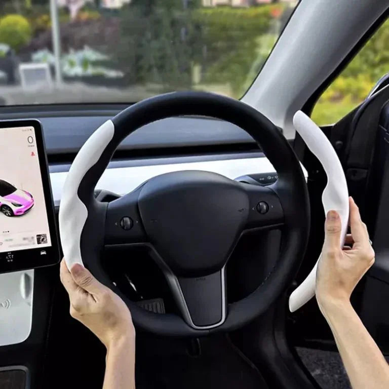 Black and white steering wheel grip grab covers for Model Y and Model 3