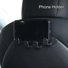 Front seat back hook with integrated phone holder