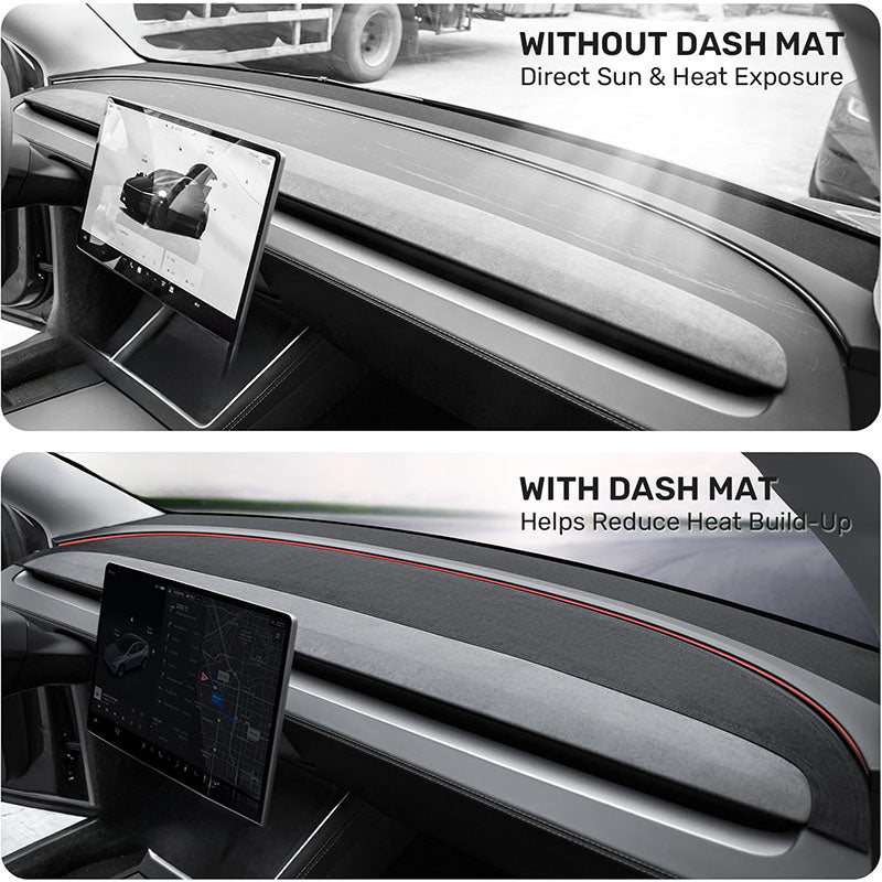 Tesla Model Y dashboard before and after installing the anti-glare dash mat