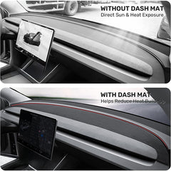 Tesla Model Y dashboard before and after installing the anti-glare dash mat