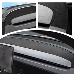 Close-up of the soft faux suede fabric on the Tesla Model Y dash mat