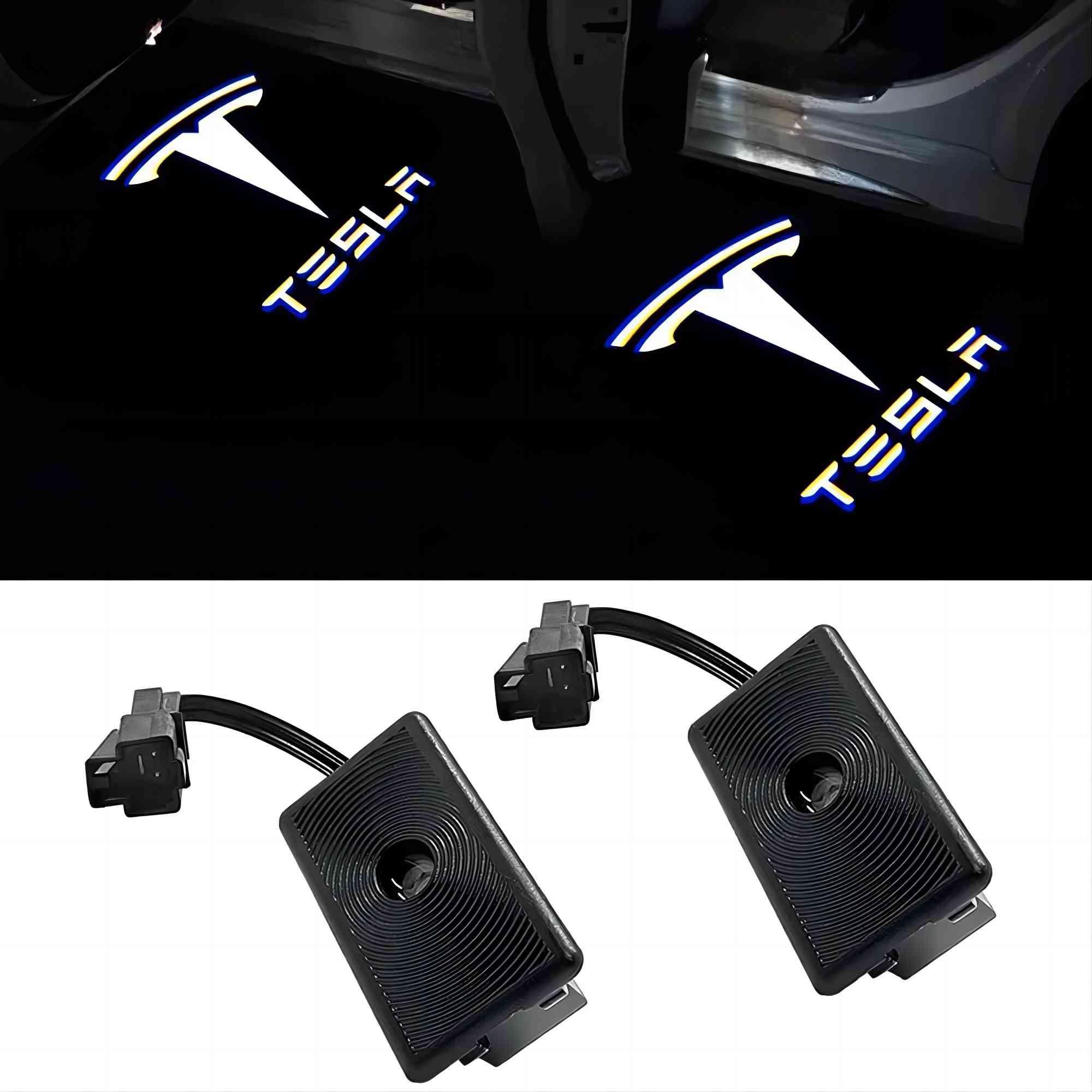 Tesla puddle lights installed on the vehicle doors of Model 3 and Model Y