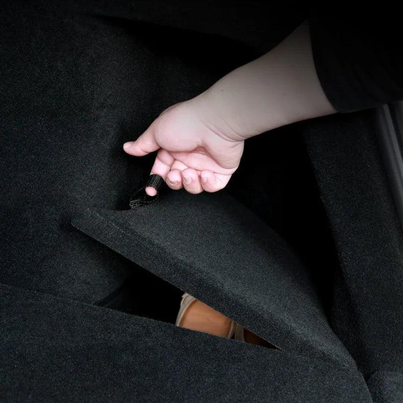 Trunk storage box with removable flocked lid for easy access and cleaning