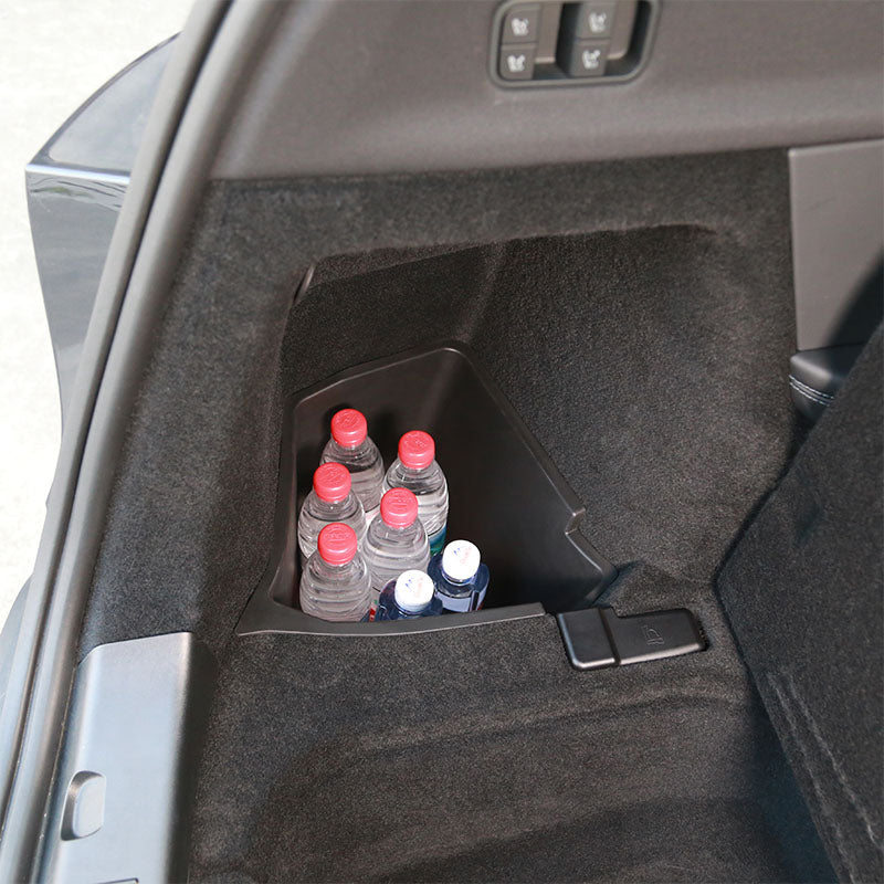 Trunk storage box providing organized space for bottles, tools and daily essentials in Model Y L
