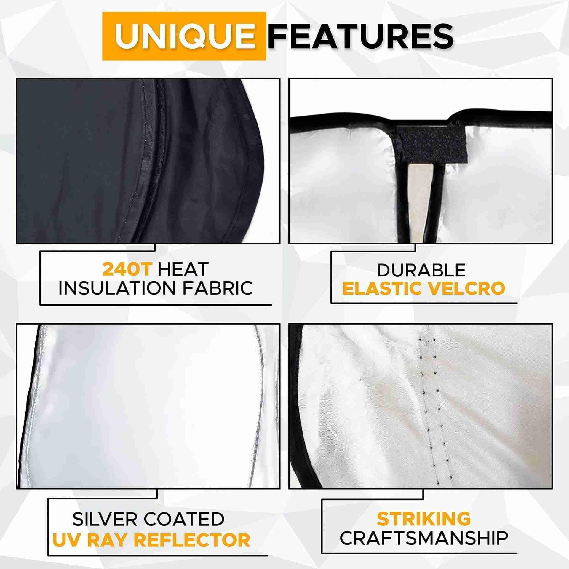 Windscreen sunshade featuring a custom fit, foldable design and reinforced frame