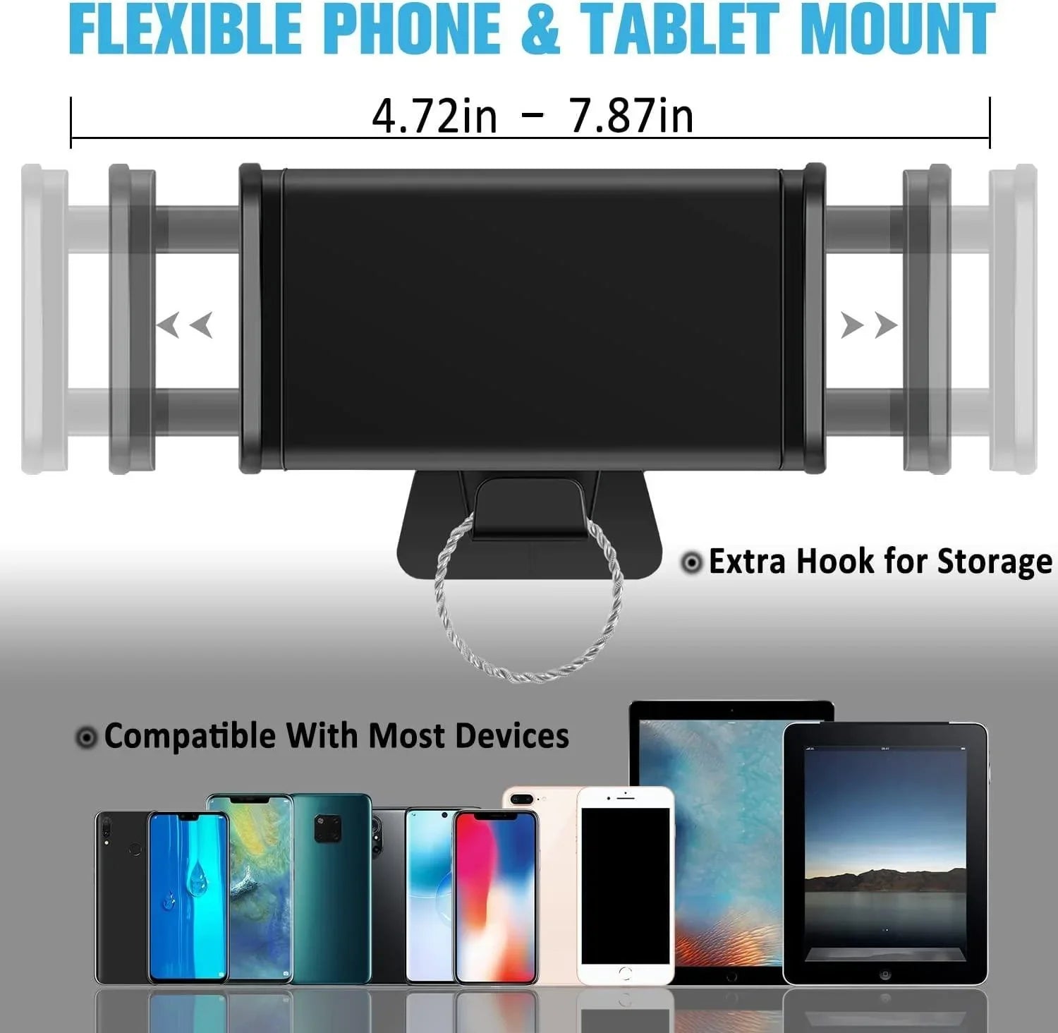 Adjustable tablet holder compatible with tablets and phones from 4.72 to 7.87 inches