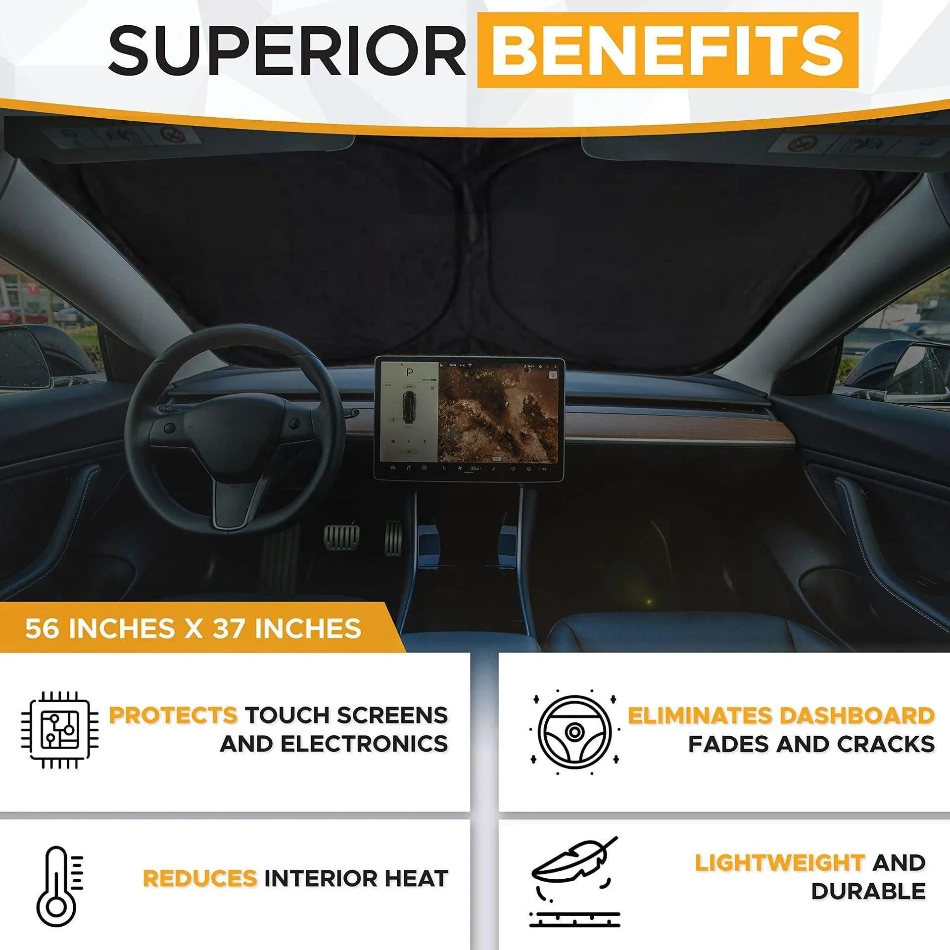 Windscreen sunshade reducing heat build-up and blocking harmful UV rays